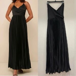 NWOT Lulus Precious Sentiments‎ Black Satin Pleated Tie-Back Maxi Dress
